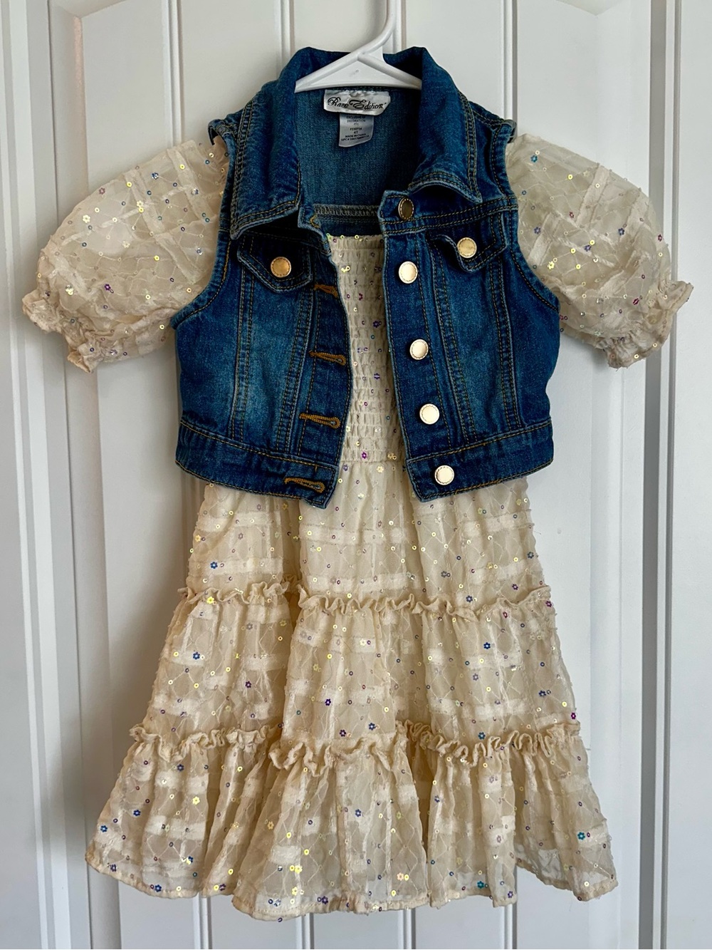 Rare Editions Cream Sequin Ruffle Dress with Blue Sleeveless Denim Vest